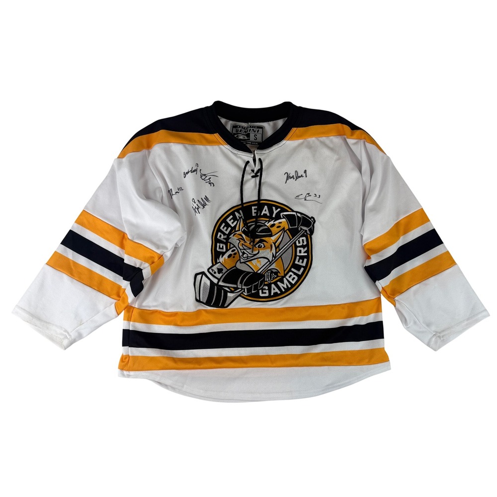 Gemini‎ Hockey Jersey Mens Small White Green Bay Gamblers Signed USHL Lace Neck